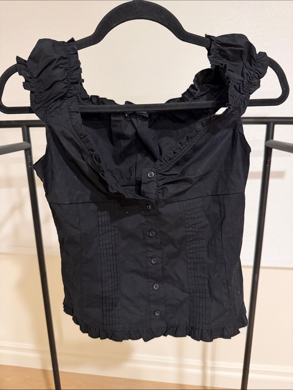 Brandy Melville Black Ruffle-Trim Button Front Camisole